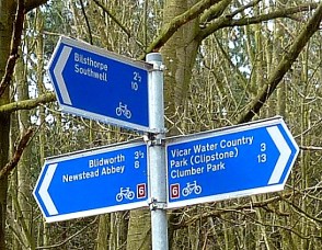 Sign post Southwell Trail and National Cycle Route 6 Sherwood Pines